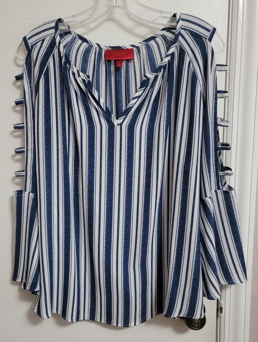 Jennifer Lopez blue & white striped tunic